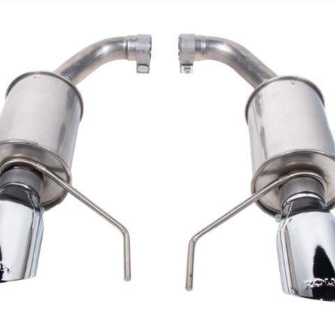 Two stainless steel axle-back exhaust systems featuring polished mufflers and tailpipes, each with two attached brackets. Perfect for upgrading your Mustang GT with the renowned quality of Roush Performance.