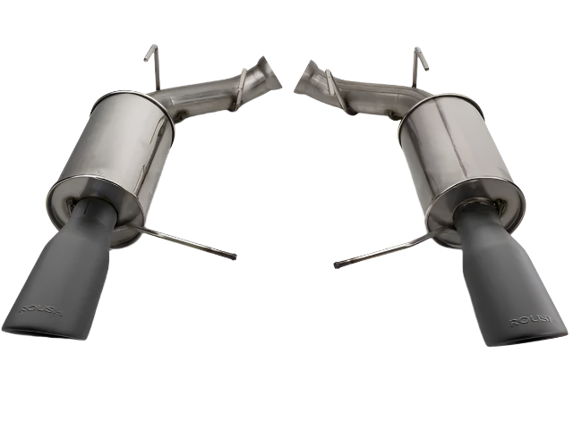 
                  
                    Two stainless steel Mustang GT exhaust mufflers with black tips, positioned symmetrically on a white background.
                  
                