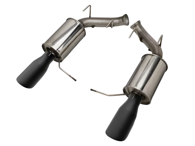 
                  
                    Two stainless steel Mustang GT Exhaust mufflers with black tailpipes and metal mounting brackets are positioned facing each other on a white background.
                  
                