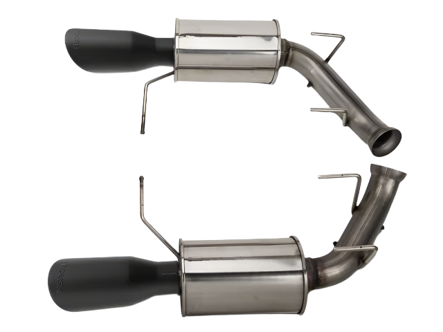 
                  
                    Two stainless steel axle-back exhaust system mufflers with black tips, positioned parallel on a white background, showing pipes and mounting brackets—ideal for Mustang GT exhaust upgrades.
                  
                