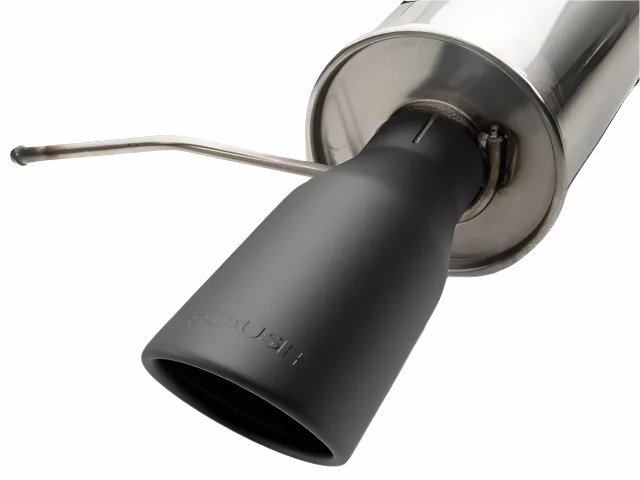 
                  
                    Close-up view of a metal car exhaust muffler with a matte black tip, showing the engraved "ROUSH" logo—a premium detail of the Roush Performance Exhaust for Mustang GT models.
                  
                