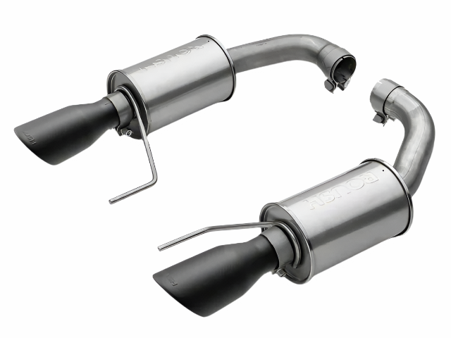 Two stainless steel Roush Performance exhaust mufflers with curved pipes and black tips, positioned side by side on a white background—perfect for a Mustang GT Exhaust upgrade or a Black-Tip Axle-Back setup.