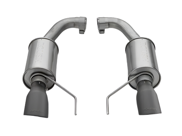 Two stainless steel Roush Performance mufflers with curved pipes and black-tip axle-back exhausts, positioned side by side on a white background.