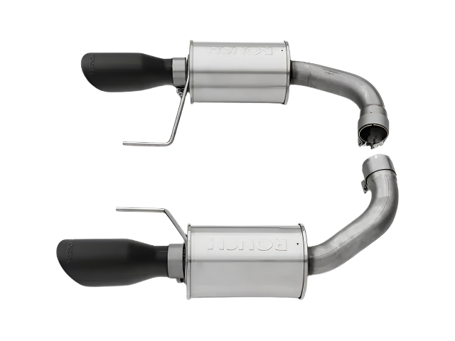 
                  
                    Two stainless steel Mustang GT Exhaust mufflers with black tips, labeled "ROUSH," positioned parallel to each other against a white background—ideal for those seeking Roush Performance and stylish Black-Tip Axle-Back appeal.
                  
                