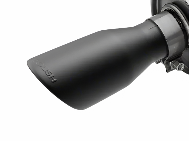 
                  
                    Close-up of a matte black Roush Performance Black-Tip Axle-Back exhaust tip on a vehicle, showing the embossed brand name and part of the exhaust system clamp.
                  
                