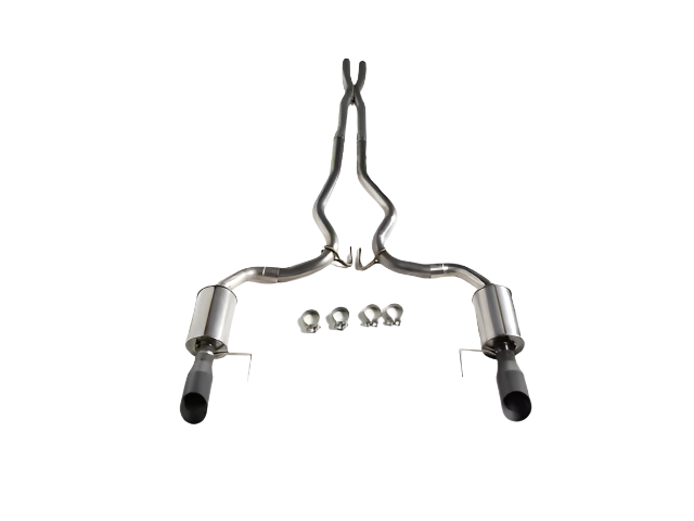 A Roush Performance Cat-Back Exhaust System for the Mustang GT, featuring stainless steel dual exhaust with two mufflers, curved pipes, and four mounting clamps displayed on a white background.