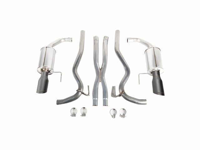 A set of Cat-Back Exhaust System components for Mustang GT exhaust, including two mufflers, four pipes, and four clamps, all arranged on a white background.