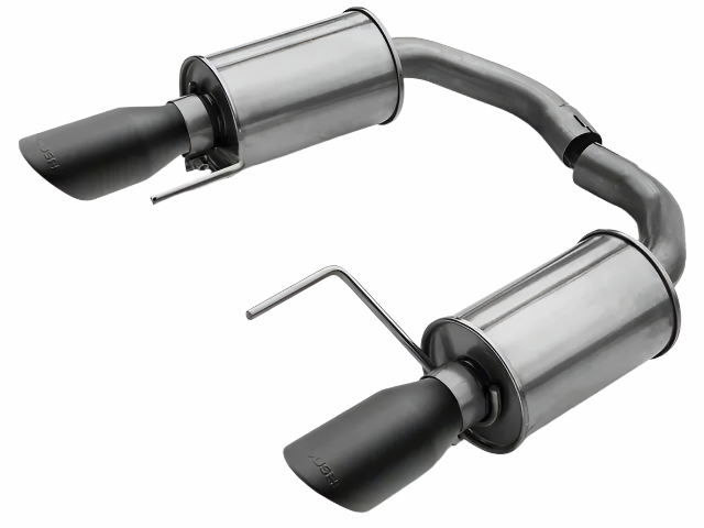 A stainless steel Mustang Exhaust System with dual black tips and two mufflers, connected by a curved pipe, delivers exceptional Roush Performance.