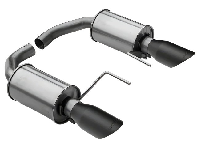 Two stainless steel Roush Performance Mustang Exhaust System mufflers with black-tip axle-back design, placed on a white background.