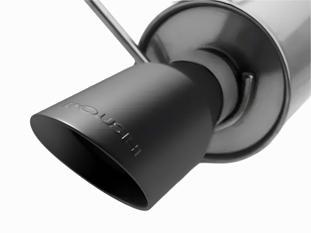 
                  
                    Close-up of a metallic car exhaust tip with the word "ROUSH" engraved on its surface, showcasing Roush Performance and a premium Mustang Exhaust System upgrade.
                  
                