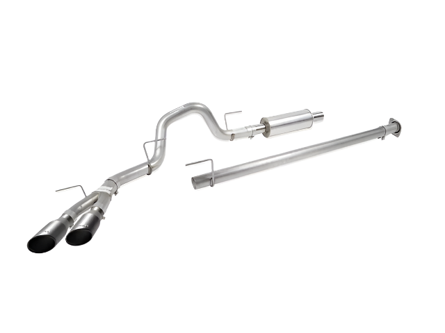 A stainless steel Roush Performance Exhaust Cat-Back Exhaust System for the Ford F-150, featuring dual tailpipes, a muffler, and connecting pipes, is displayed on a white background.