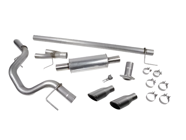 
                  
                    Various components of a Roush Performance Exhaust Cat-Back Exhaust System for the Ford F-150, including pipes, a muffler, clamps, and exhaust tips, are arranged on a white background.
                  
                