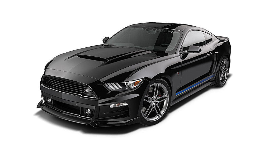 A sleek black sports car with aerodynamic design, featuring chrome wheels, a front grille, and blue accents, the V6 Mustang boasts performance tires for enhanced handling.