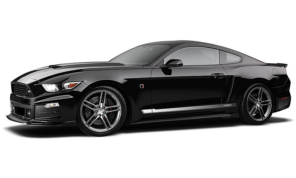 The EcoBoost Mustang, a black sports car with a sleek design, features tinted windows and alloy wheels. This stunner is viewed from the side against a white background, showcasing its dynamic stance.
