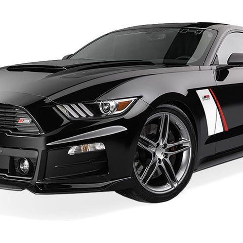 The 2016 Stage 3 Mustang is a black sports car with a sleek design, boasting ROUSH Performance upgrades. It features white and red accents on the side and alloy wheels, packing an impressive 670HP under the hood.