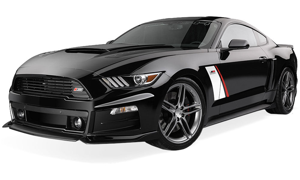 The 2016 Stage 3 Mustang is a black sports car with a sleek design, boasting ROUSH Performance upgrades. It features white and red accents on the side and alloy wheels, packing an impressive 670HP under the hood.