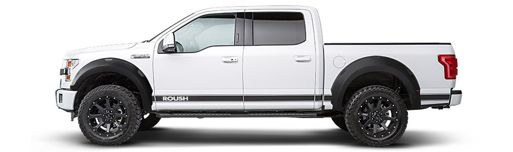 
                  
                    Side view of a white ROUSH F-150 pickup truck, adorned with "Roush" branding, showcasing black wheel arches and large black wheels, complemented by the ROUSH Side-Exit Exhaust System for enhanced performance.
                  
                