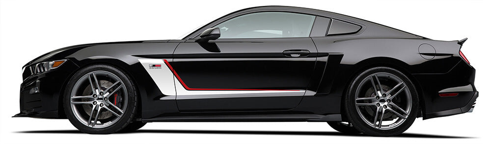 
                  
                    A black American muscle car with red and white accents, viewed from the side against a white background, embodies the iconic ROUSH Performance flair.
                  
                