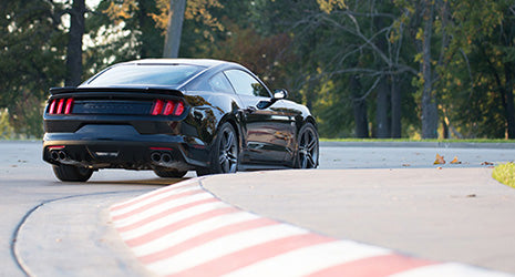 
                  
                    A sleek black American muscle car, enhanced with ROUSH Performance, speeds along a curved road lined with red and white striped curbs, embraced by towering trees.
                  
                