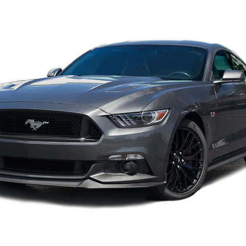 A sleek, gray ROUSHcharged Mustang sports car showcasing a prominent grille and black alloy wheels, viewed from the front and side. This 670-horsepower beast is part of the ROUSH Stage 3 line, combining power with exquisite design.