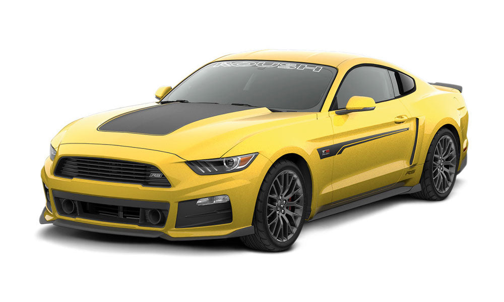 The ROUSH Mustang RS is a yellow sports car with black accents, boasting a V6 engine and aggressive styling. It features a sleek aerodynamic design, sporty grille, and prominent 