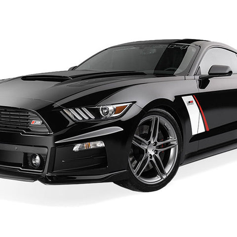 The ROUSH Stage 3 boasts a sleek design, featuring a black exterior with front splitter, alloy wheels, and striking red and white accents on the side—an embodiment of American muscle car craftsmanship.