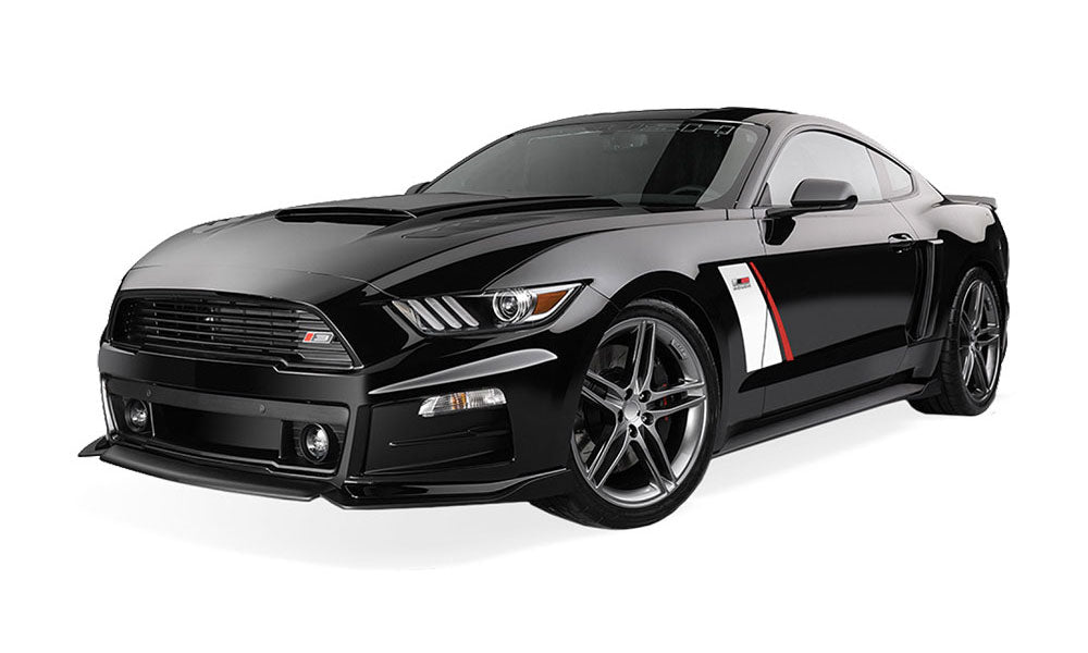 The ROUSH Stage 3 boasts a sleek design, featuring a black exterior with front splitter, alloy wheels, and striking red and white accents on the side—an embodiment of American muscle car craftsmanship.