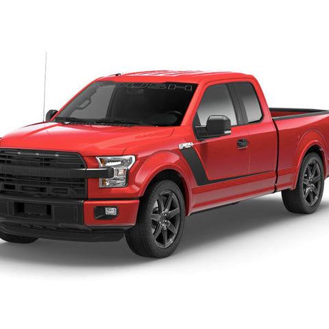 A ROUSH F-150 Nitemare, known as the fastest factory street truck, boasts red paint with black decals against a pristine white background. Its bold black front grille and sleek dark alloy wheels hint at the power beneath its hood—a thrilling 600 horsepower.