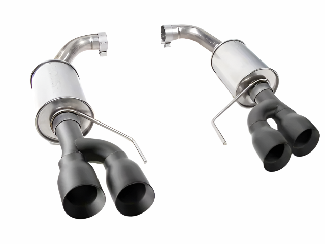 
                  
                    Two stainless steel car exhaust mufflers with dual black tips are shown on a white background, featuring Roush Performance styling for a premium Mustang GT Exhaust upgrade.
                  
                