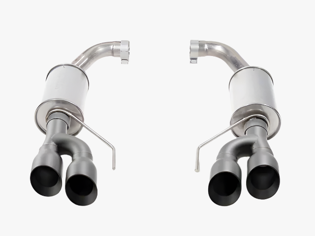 
                  
                    Two identical Mustang GT Exhaust mufflers with dual tailpipes each, made of metal, are displayed on a white background—an ideal axle-back exhaust system upgrade for enhanced performance and sound.
                  
                