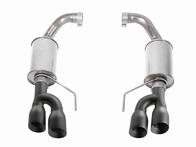 
                  
                    Two stainless steel axle-back exhaust system mufflers with dual black tailpipes are shown on a white background.
                  
                
