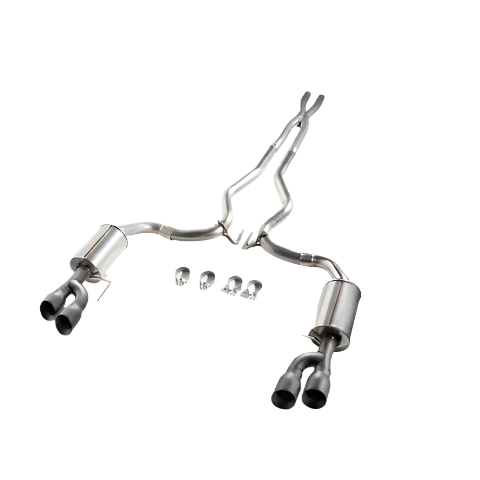 A stainless steel Cat-Back Exhaust System for Mustang GT with two mufflers, four tailpipes, and mounting hardware displayed on a white background.