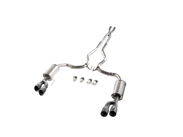 A stainless steel Cat-Back Exhaust System for Mustang GT with two mufflers, four tailpipes, and mounting hardware displayed on a white background.