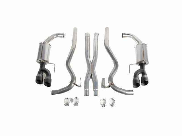 A Cat-Back Exhaust System kit with pipes, two mufflers, four tailpipes, and four metal clamps arranged on a white background—perfect for upgrading your Mustang GT exhaust performance.