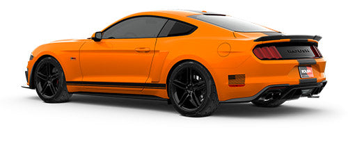 Orange sports car with race-inspired styling, black rims, and tinted windows, viewed from the rear side. This ROUSH Mustang boasts a 5.0L V8 engine that perfectly complements its sleek body design.