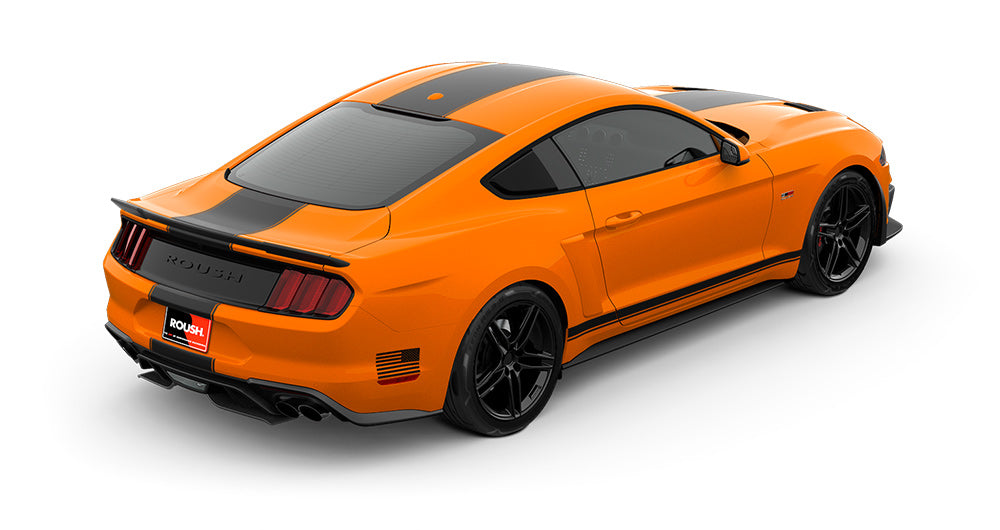
                  
                    Race-inspired styling meets power in this orange ROUSH Mustang sports car with black racing stripes. Viewed from the rear passenger side, its sleek design and spoiler are complemented by a robust 5.0L V8 engine, promising thrilling performance and unmatched elegance on the road.
                  
                