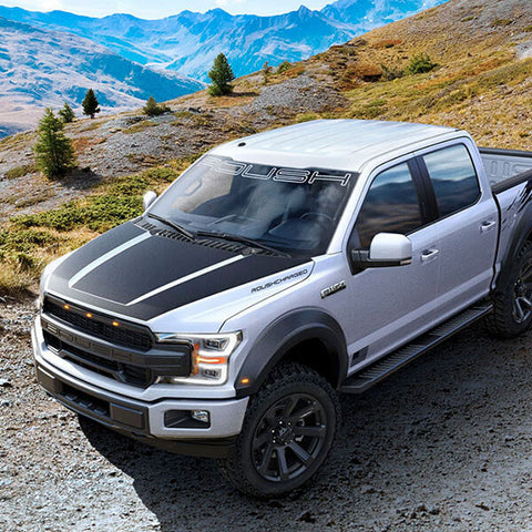 A silver pickup truck with ROUSH Performance black stripes sits proudly on a rocky path in a mountainous landscape, showcasing its impressive off-road capability.