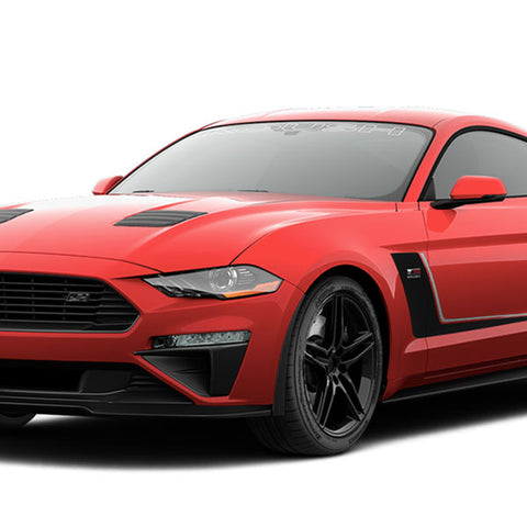 A red supercharged Mustang with black accents, boasting a wide front grille and sleek headlights, parked at an angle against a plain white background. This ROUSH JackHammer delivers an impressive 710 horsepower.