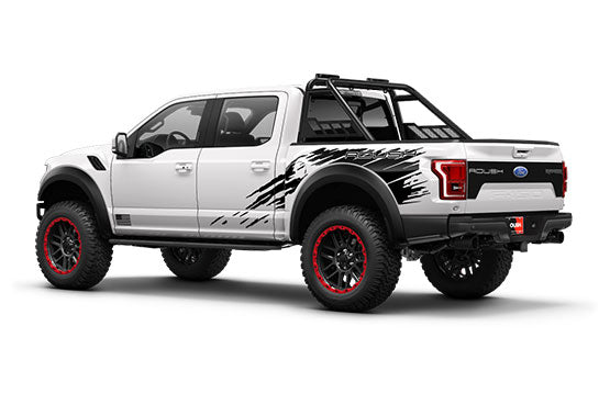
                  
                    The white pickup truck boasts black graphic decals and ROUSH Raptor-inspired red-rimmed off-road wheels, complemented by an imposing roll bar on the bed. The sleek design, captured from a rear side angle on a pristine white background, hints at the roar of an axle-back exhaust system.
                  
                