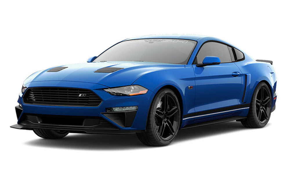 A Roush Stage 1 Mustang sports a sleek blue finish, two doors, black alloy wheels, and a dynamic front grille. Equipped with an EcoBoost engine and high-performance exhaust system, this car is designed to impress on any terrain, even while parked on a pristine white background.