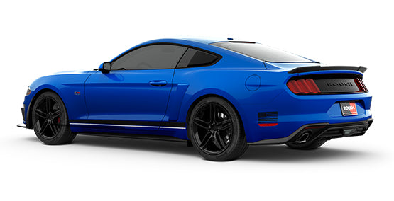 A blue Roush Stage 1 Mustang sports car with tinted windows and black wheels, viewed from the rear and side, boasting a high-performance exhaust system.
