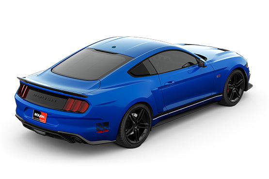 
                  
                    A blue Roush Stage 1 Mustang sports car, viewed from the rear left angle, showcases its black alloy wheels and a spoiler, hinting at its high-performance exhaust system.
                  
                
