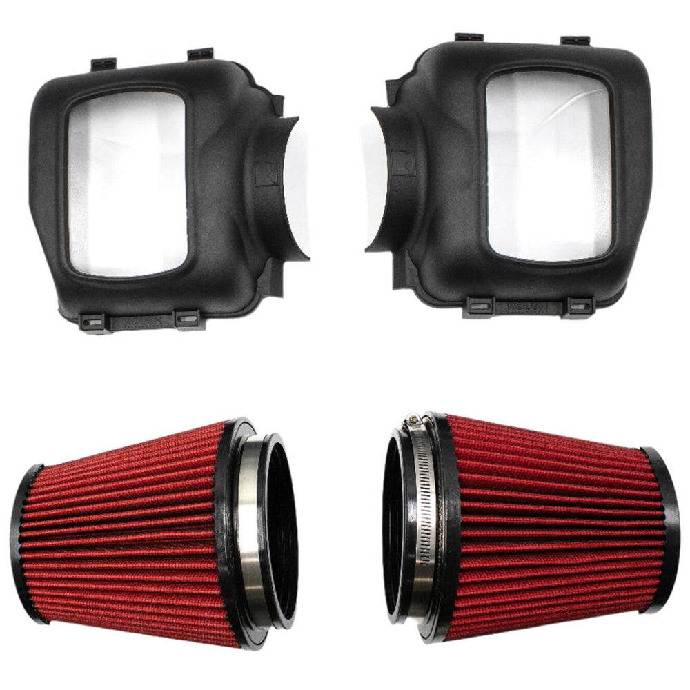Two black plastic air intake adapters and two red cone air filters with metal clamps boost your Mustang 5.0L V8, offering increased performance akin to a Roush Performance Air Intake system.