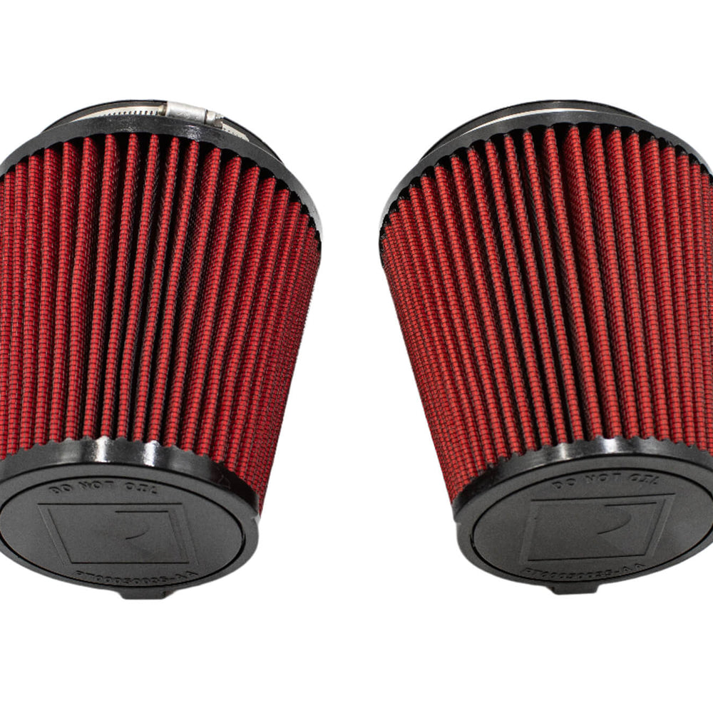 Two cylindrical red air filters with black caps, designed for the Mustang 5.0L V8, shown side by side on a white background. Featuring Roush Performance Air Intake tech for increased performance, these filters ensure a powerful and efficient ride.