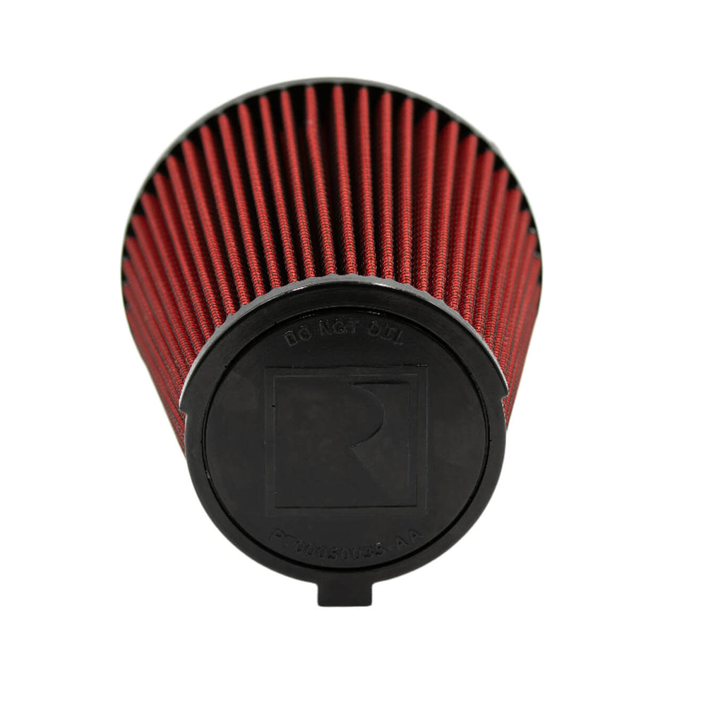 
                  
                    Behold the Roush Performance Air Intake: a red cylindrical air filter with a black base showcasing an embossed "R" logo. Ideal for the Mustang 5.0L V8, it promises increased performance, viewed head-on in all its engineered glory.
                  
                