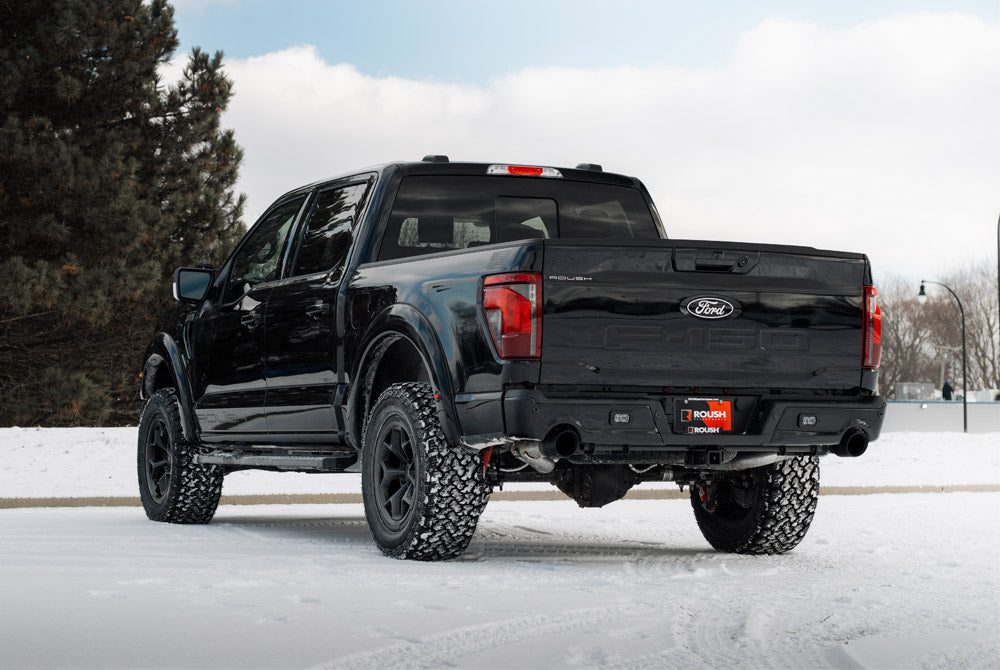 
                  
                    Black 2025 Roush F-150 pickup truck parked on snow.
                  
                