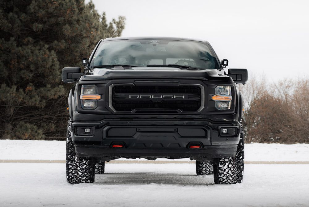 
                  
                    Front view of a black 2025 Roush F-150 parked in snow.
                  
                