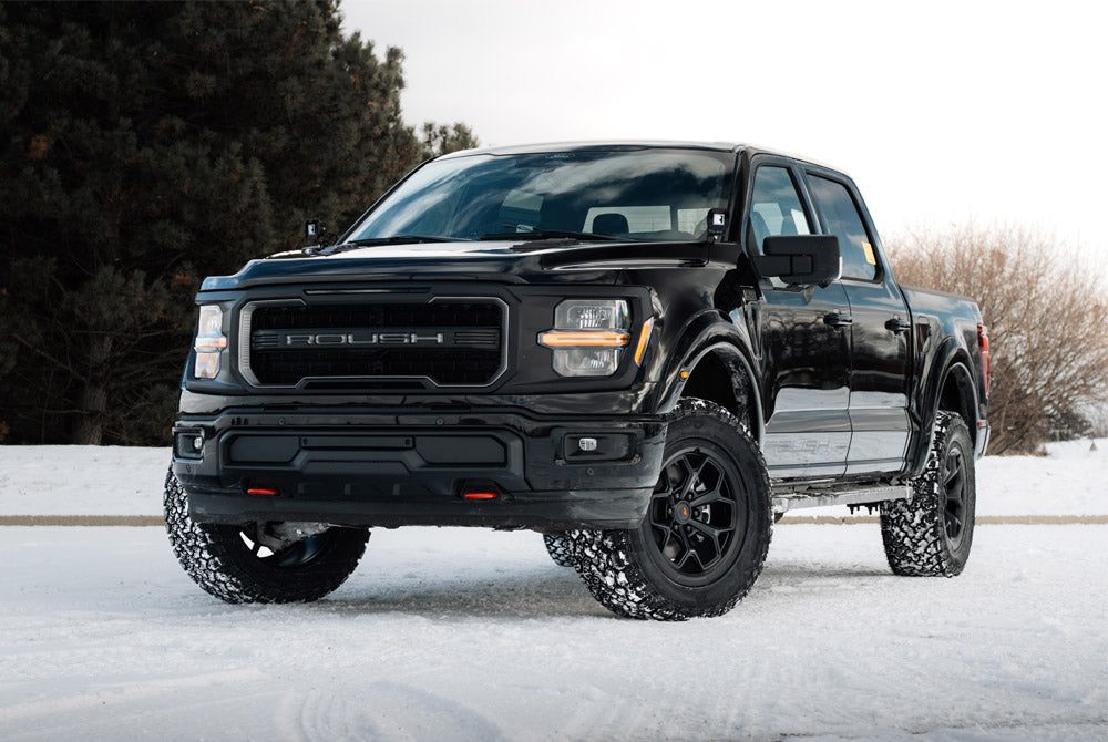 
                  
                    Black 2025 Roush F-150 pickup truck parked on snow.
                  
                