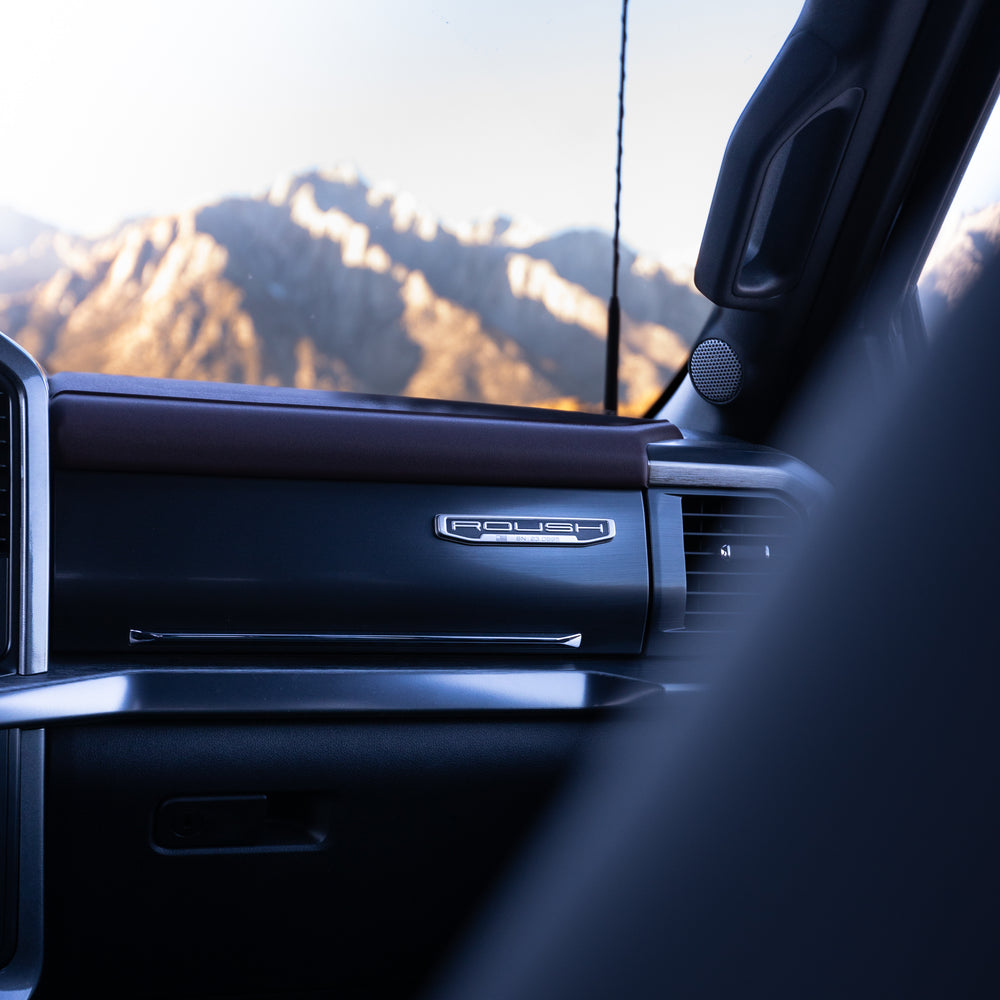 
                  
                    View from inside a 2023 Roush F-150 showing the dashboard and door, with mountains visible through the window in the background, highlighting Roush performance enhancements.
                  
                