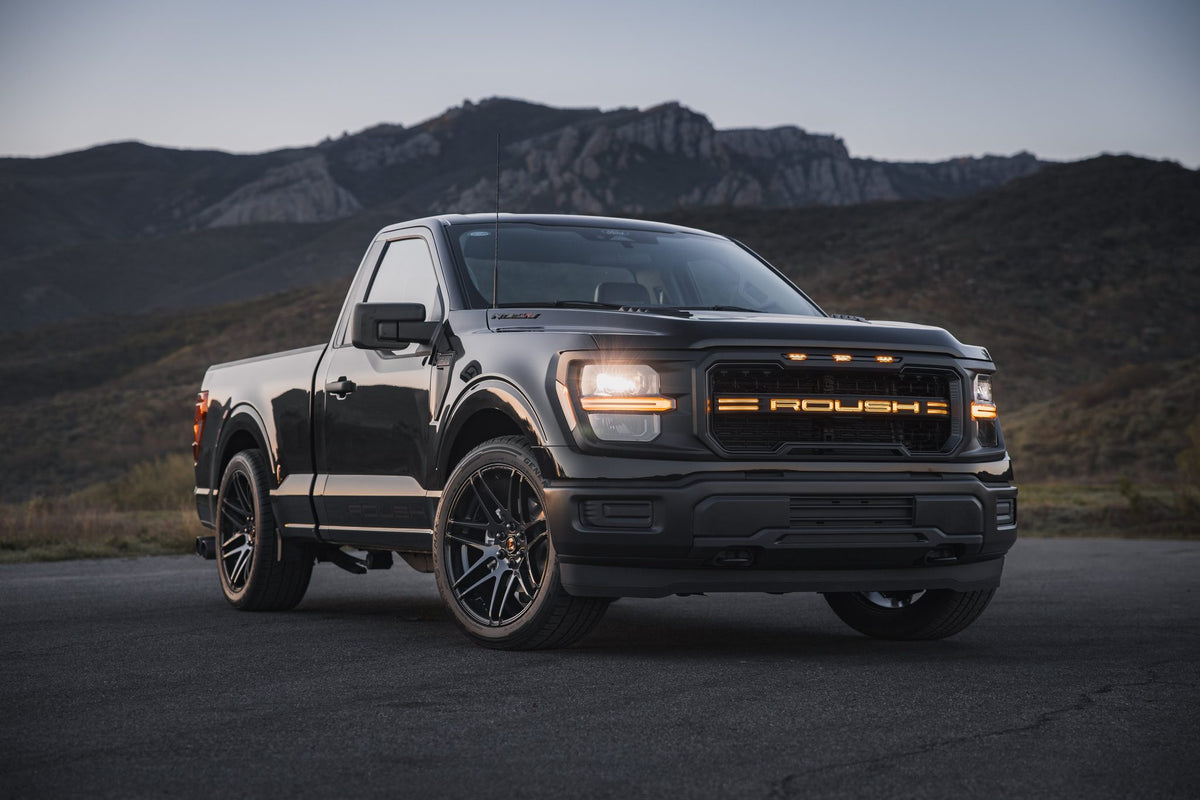 
                  
                    Black Roush Nitemare regular cab Ford F-150 parked on an asphalt road with mountains in the background.
                  
                